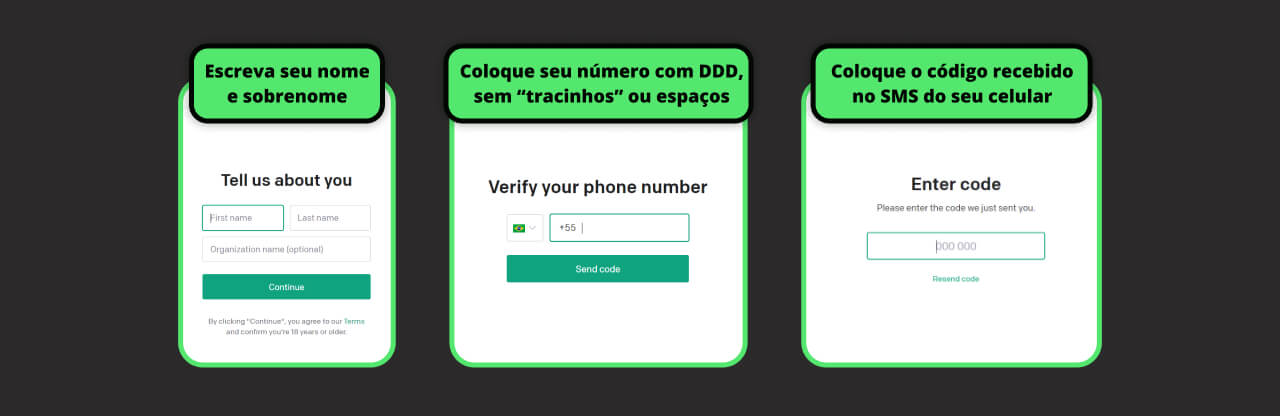 Telas de criação de conta no openai.com