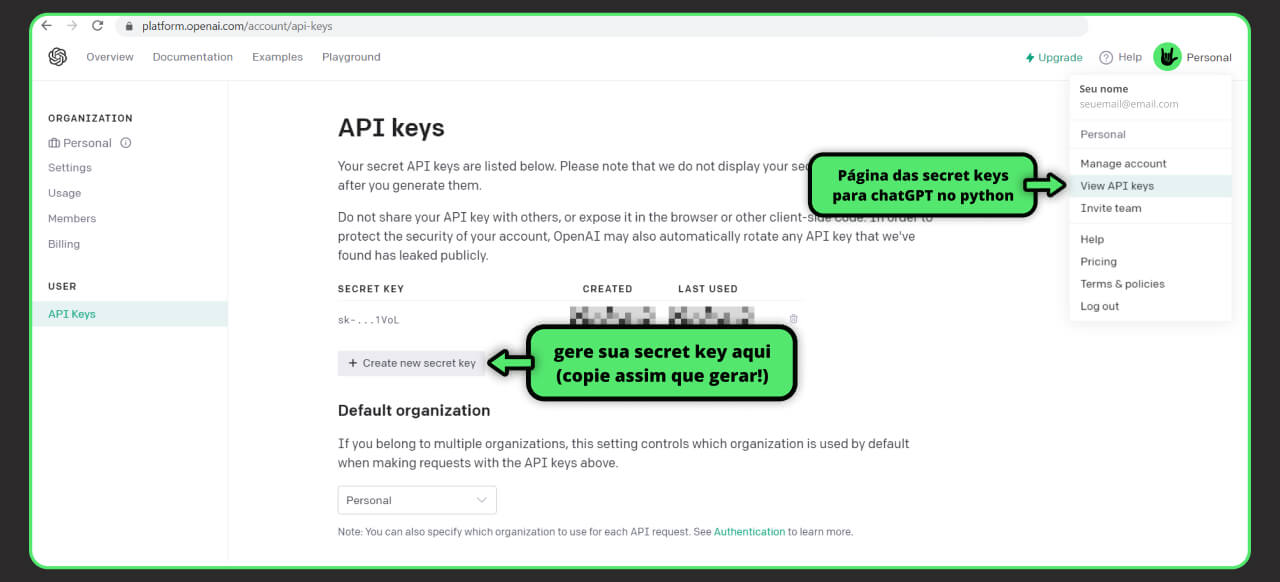 API key - Secret key na openai.com